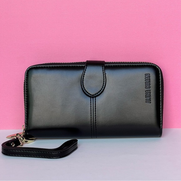 NEW! Alena Culian Faux Leather Long Wallet Wristlet Black with Dust bag - Picture 2 of 8